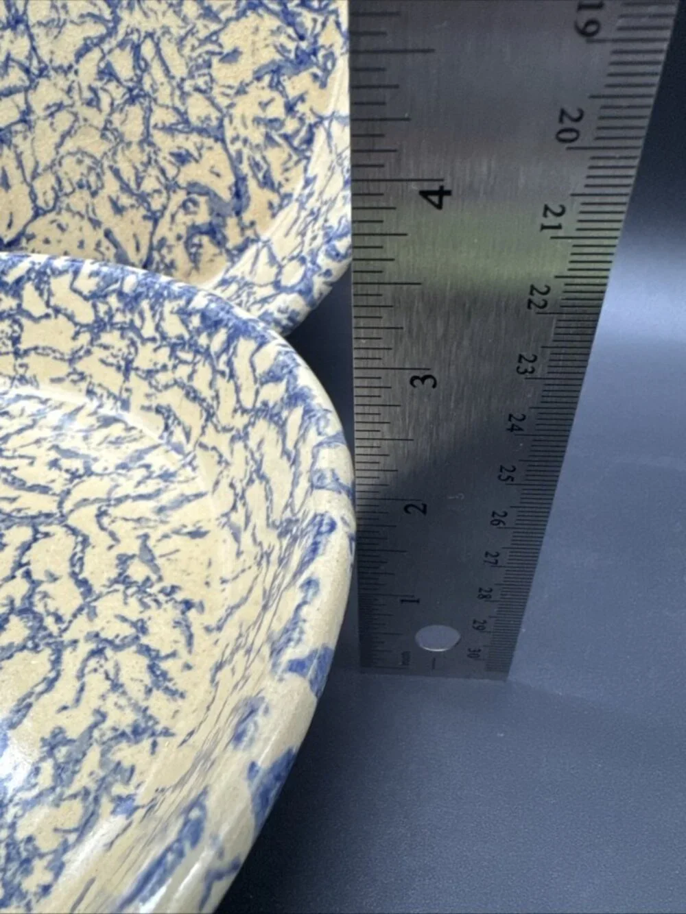 2 Robinson Ransbottom Pottery Pie Plate Blue Spongeware USA Roseville Ohio 9.5